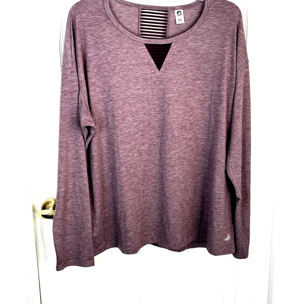 Free2B women's long sleeve top with mesh detail in heathered purple, size XXL
